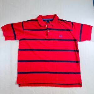Thre3 Polo Shirt Men's XL 100% Cotton 2-Button Red/ Navy Stripes Short Sleeve
